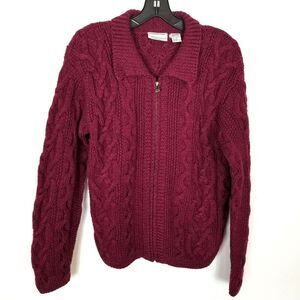 Preview International Women 100% Wool Cable Knit Zip Up Cardigan Sz M Petite Red